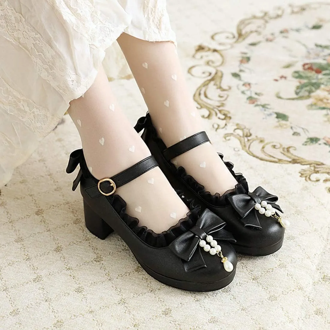 VOKLIN Women's Girls Lolita Mary Janes Pumps Sweet Bow Lace Ankle Strap Low Heels Princess Oxford Dress Shoes