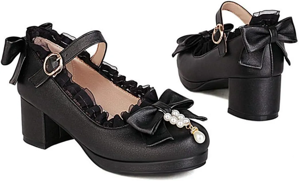 VOKLIN Women's Girls Lolita Mary Janes Pumps Sweet Bow Lace Ankle Strap Low Heels Princess Oxford Dress Shoes