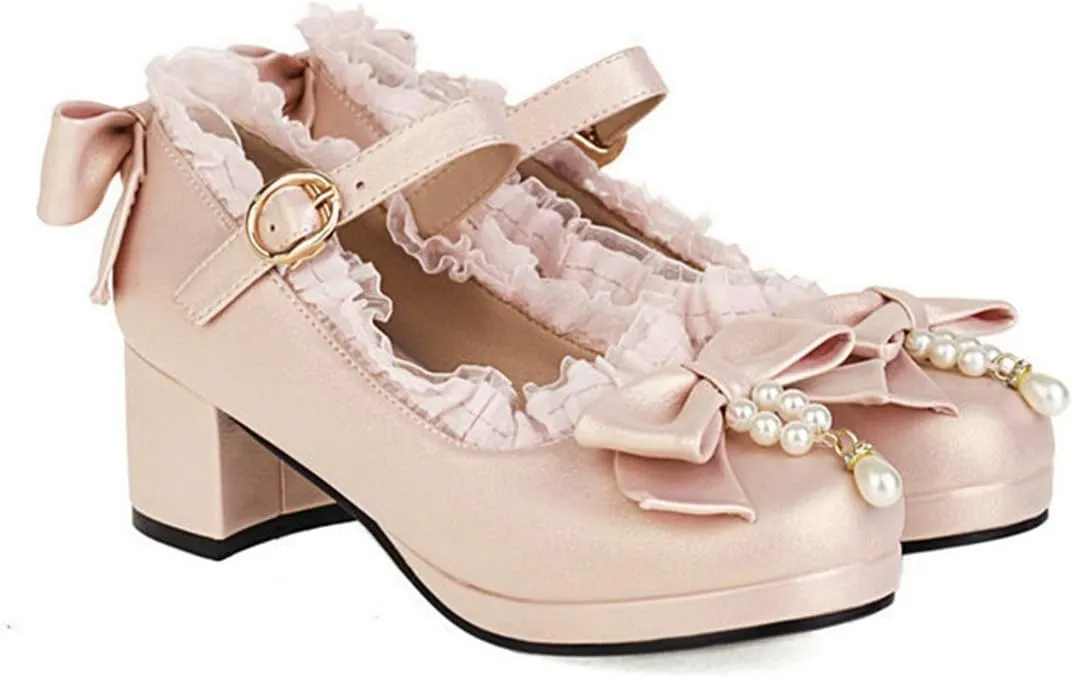 VOKLIN Women's Girls Lolita Mary Janes Pumps Sweet Bow Lace Ankle Strap Low Heels Princess Oxford Dress Shoes