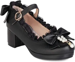 VOKLIN Women's Girls Lolita Mary Janes Pumps Sweet Bow Lace Ankle Strap Low Heels Princess Oxford Dress Shoes