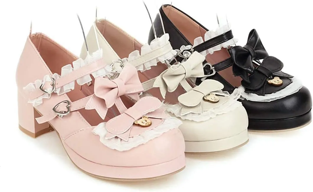 VOKLIN Women's Girls Lolita Mary Janes Shoes Sweet Bow Lace Ankle Strap Mid Heels Cosplay Oxford Dress Pumps