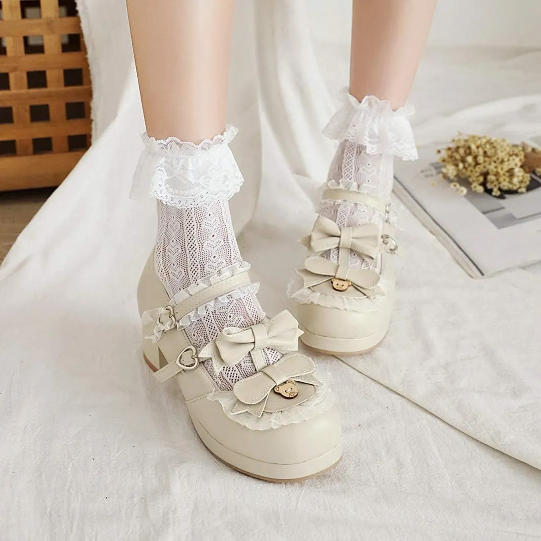 VOKLIN Women's Girls Lolita Mary Janes Shoes Sweet Bow Lace Ankle Strap Mid Heels Cosplay Oxford Dress Pumps