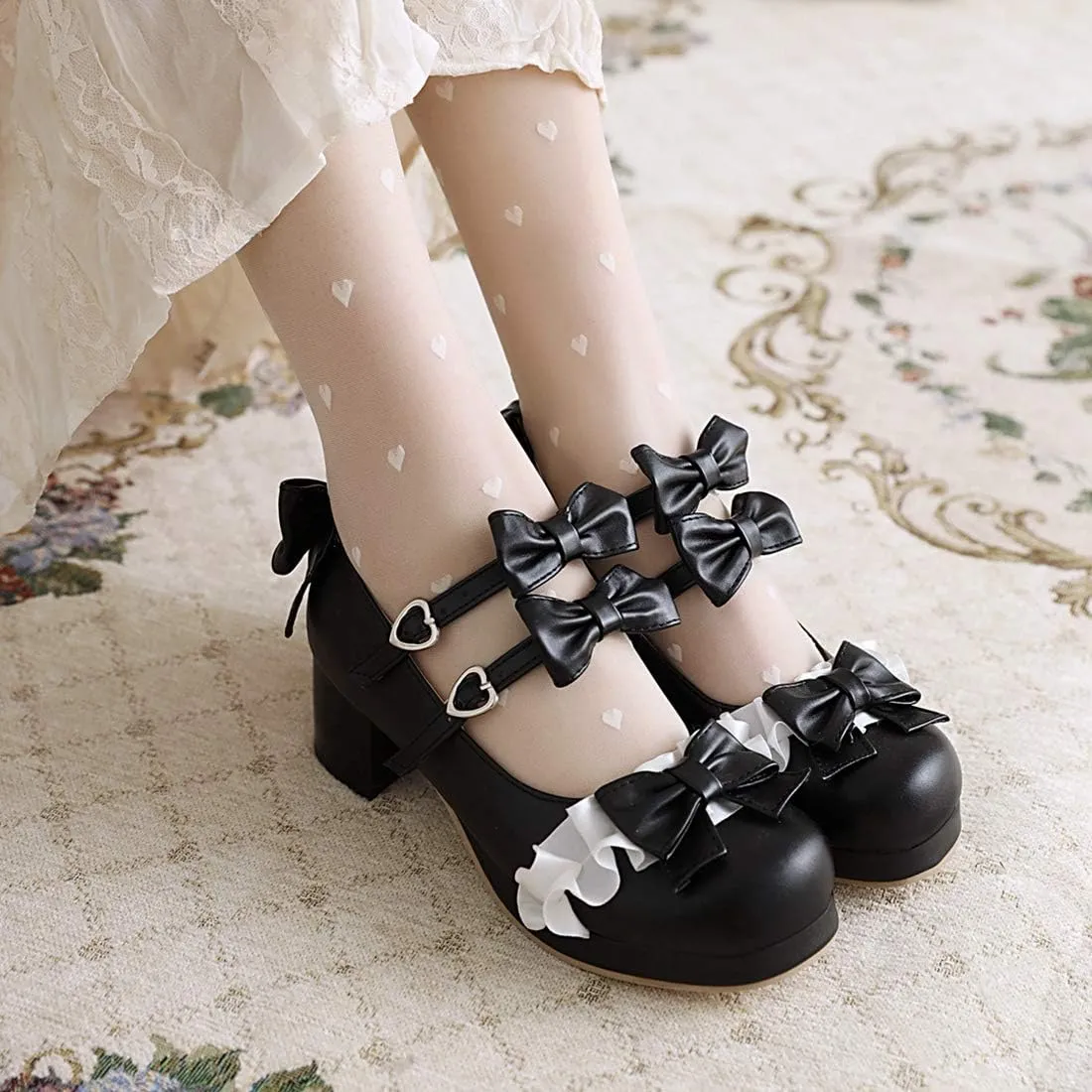 VOKLIN Women's Girls Lolita Mary Janes Shoes Sweet Bow Lace Ankle Strap Mid Heels Cosplay Oxford Dress Pumps