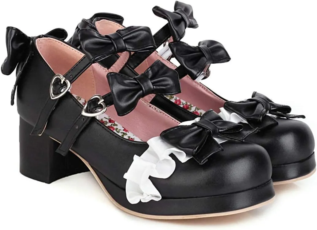 VOKLIN Women's Girls Lolita Mary Janes Shoes Sweet Bow Lace Ankle Strap Mid Heels Cosplay Oxford Dress Pumps