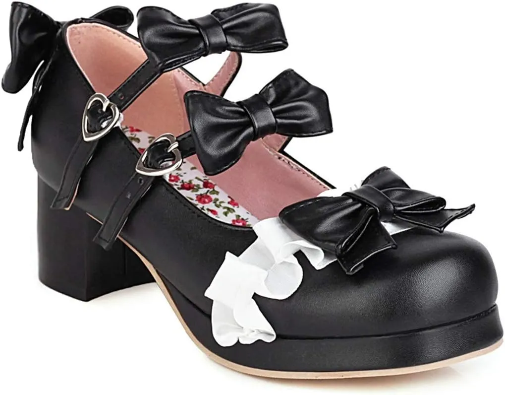 VOKLIN Women's Girls Lolita Mary Janes Shoes Sweet Bow Lace Ankle Strap Mid Heels Cosplay Oxford Dress Pumps