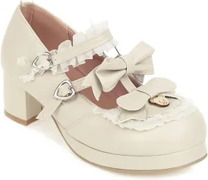 VOKLIN Women's Girls Lolita Mary Janes Shoes Sweet Bow Lace Ankle Strap Mid Heels Cosplay Oxford Dress Pumps