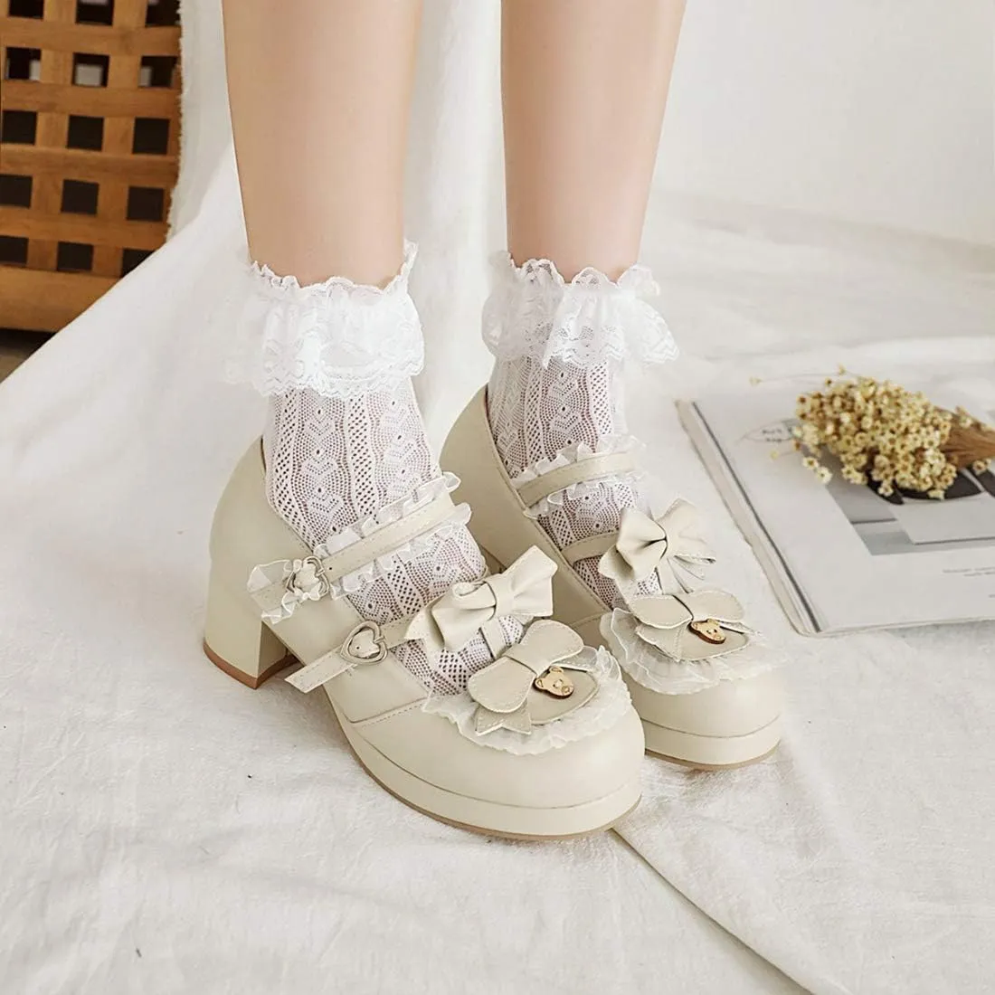 VOKLIN Women's Girls Lolita Mary Janes Shoes Sweet Bow Lace Ankle Strap Mid Heels Cosplay Oxford Dress Pumps