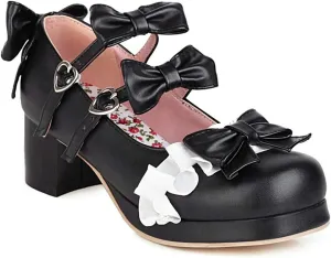 VOKLIN Women's Girls Lolita Mary Janes Shoes Sweet Bow Lace Ankle Strap Mid Heels Cosplay Oxford Dress Pumps