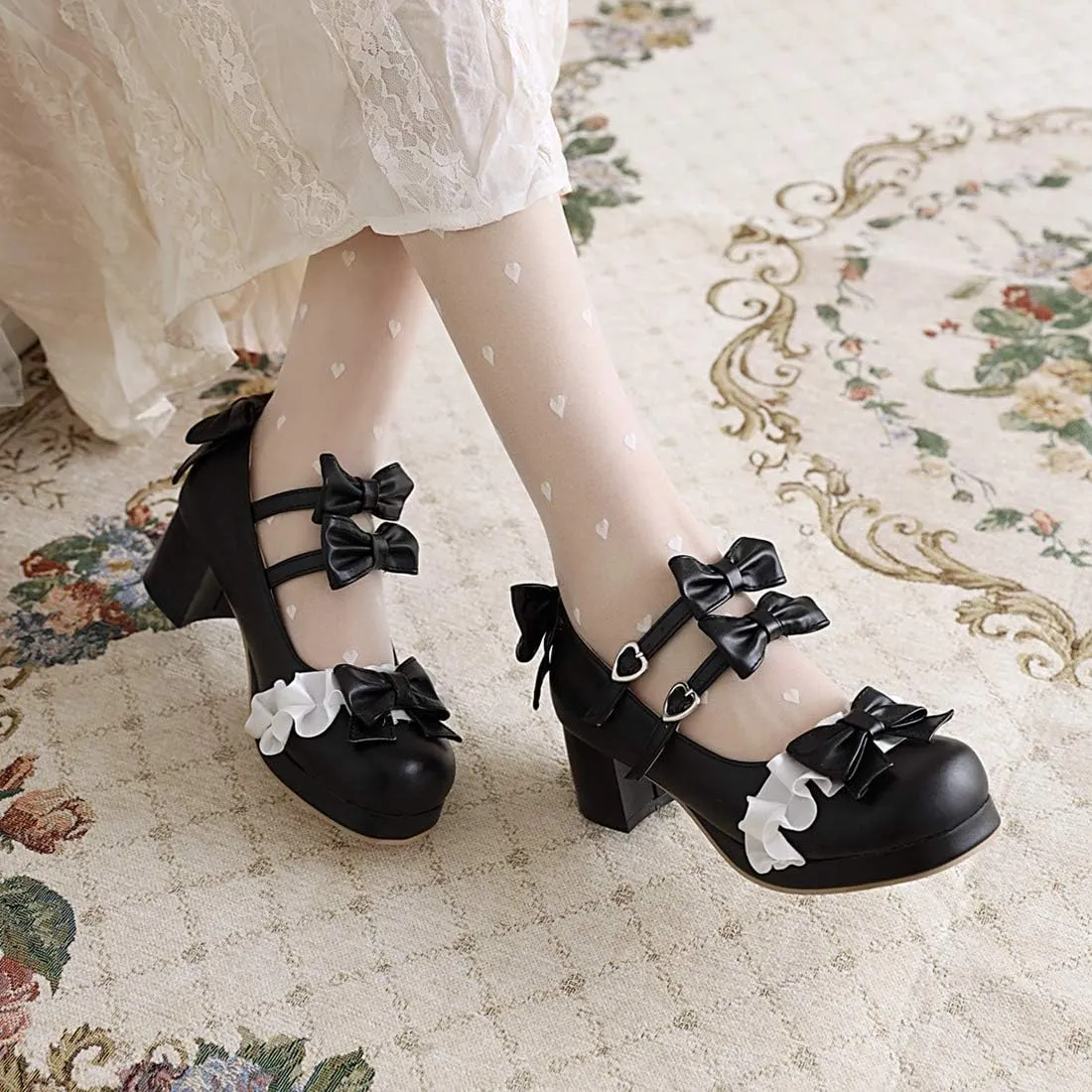 VOKLIN Women's Girls Lolita Mary Janes Shoes Sweet Bow Lace Ankle Strap Mid Heels Cosplay Oxford Dress Pumps