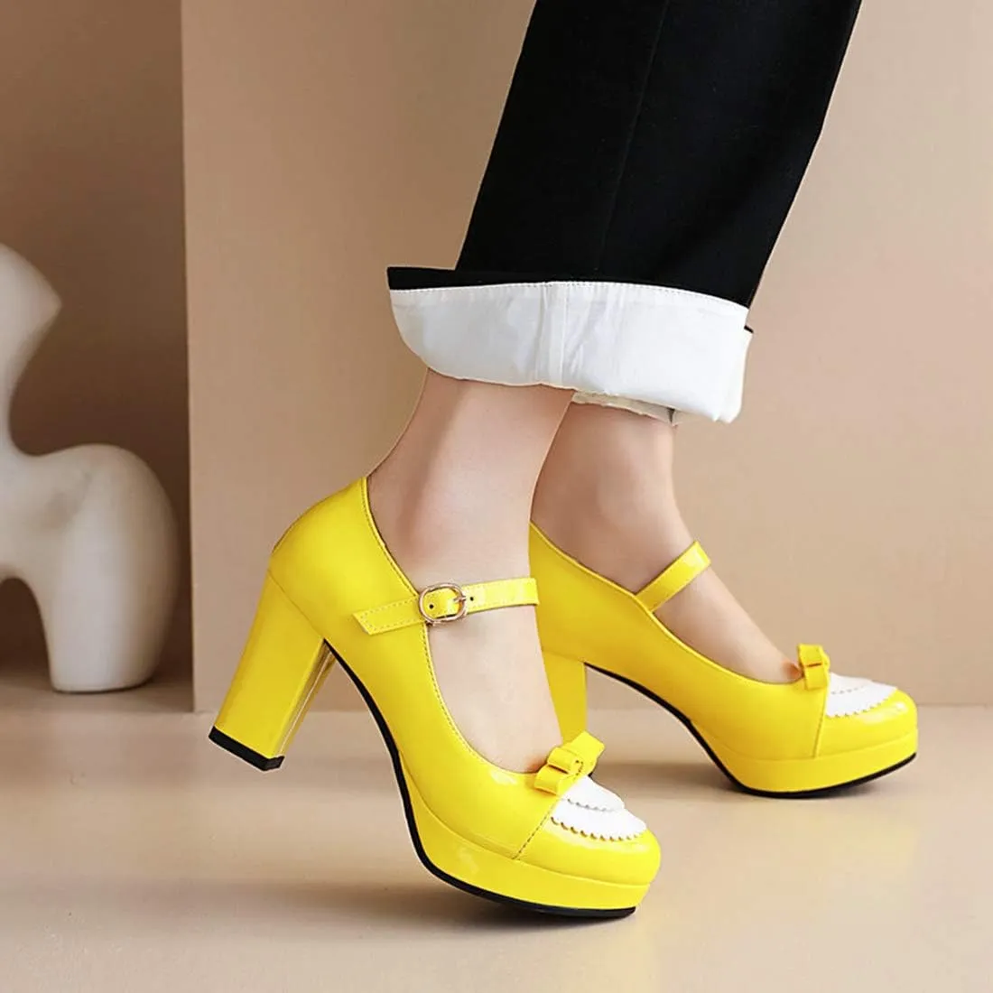 VOKLIN Women's Girls Lolita Platform Mary Jane Pumps Sweet Bow Ankle Strap Block High Heel Oxford Dress Shoes