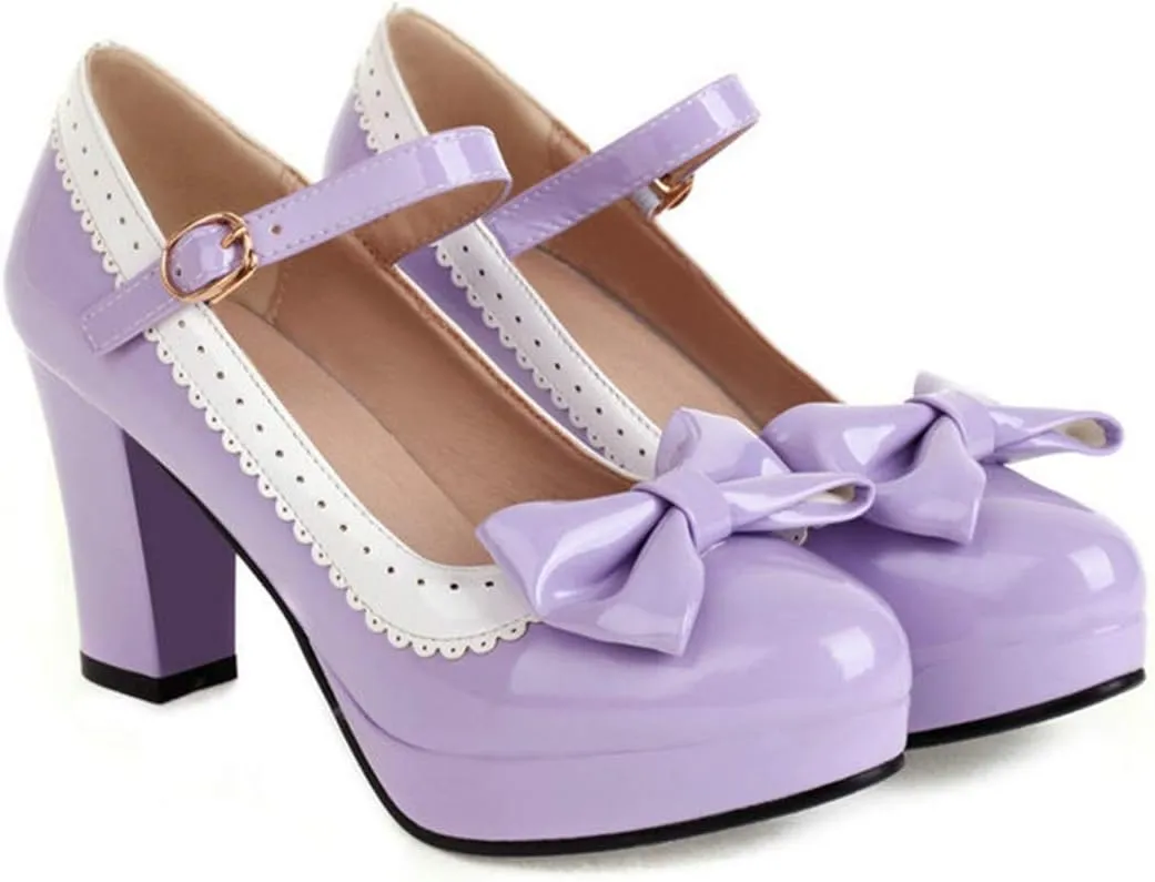 VOKLIN Women's Girls Lolita Platform Mary Jane Pumps Sweet Bow Ankle Strap Block High Heel Oxford Dress Shoes