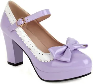 VOKLIN Women's Girls Lolita Platform Mary Jane Pumps Sweet Bow Ankle Strap Block High Heel Oxford Dress Shoes