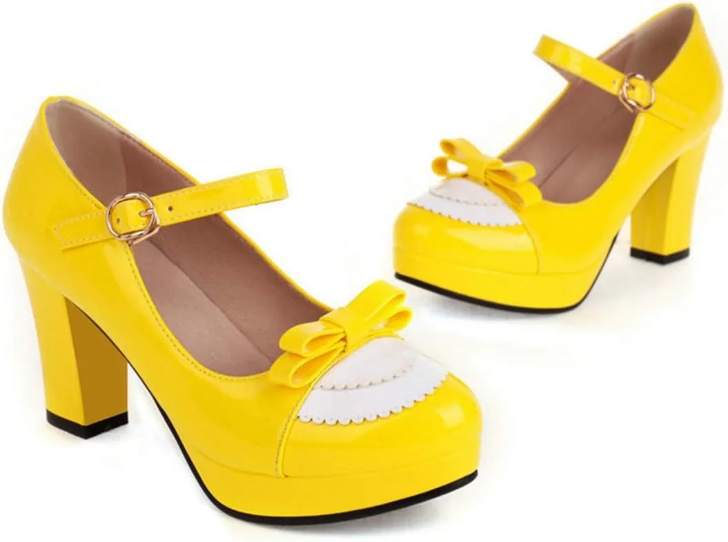VOKLIN Women's Girls Lolita Platform Mary Jane Pumps Sweet Bow Ankle Strap Block High Heel Oxford Dress Shoes