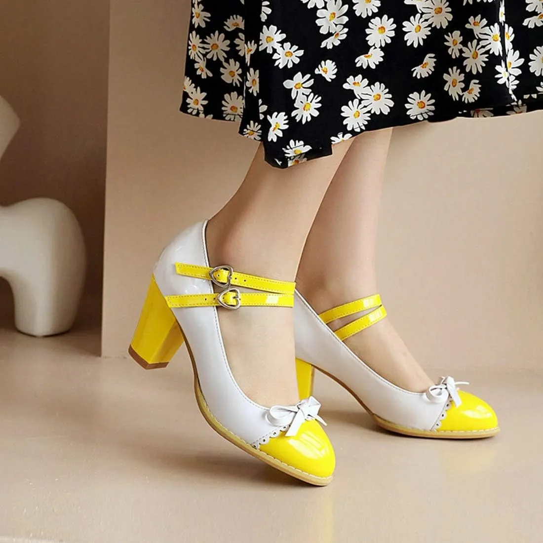 VOKLIN Women's Girls Lolita Platform Mary Jane Pumps Sweet Bow Ankle Strap Block High Heel Oxford Dress Shoes