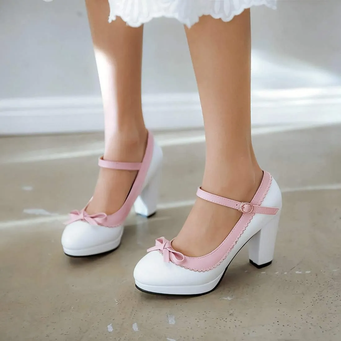 VOKLIN Women's Girls Lolita Platform Mary Jane Pumps Sweet Bow Ankle Strap Block High Heel Oxford Dress Shoes