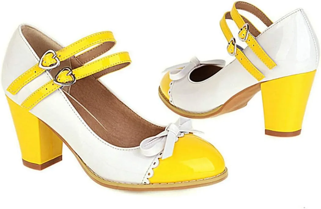 VOKLIN Women's Girls Lolita Platform Mary Jane Pumps Sweet Bow Ankle Strap Block High Heel Oxford Dress Shoes