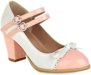 VOKLIN Women's Girls Lolita Platform Mary Jane Pumps Sweet Bow Ankle Strap Block High Heel Oxford Dress Shoes