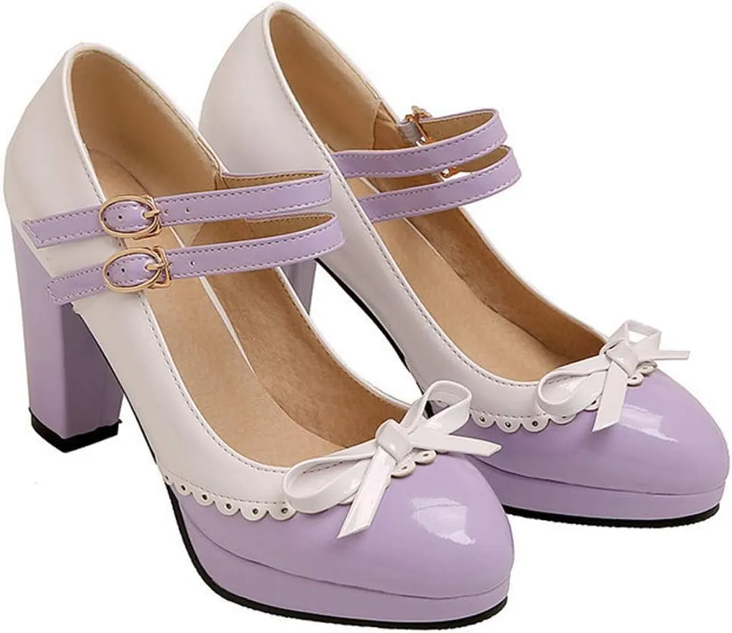 VOKLIN Women's Girls Lolita Platform Mary Jane Pumps Sweet Bow Ankle Strap Block High Heel Oxford Dress Shoes