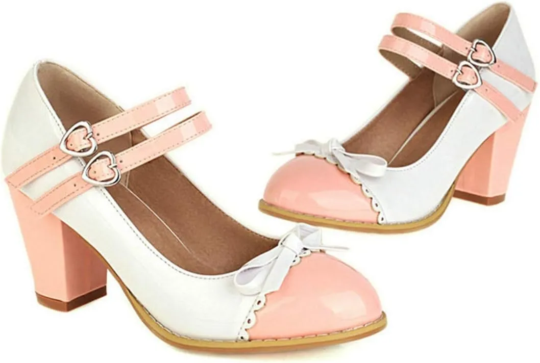 VOKLIN Women's Girls Lolita Platform Mary Jane Pumps Sweet Bow Ankle Strap Block High Heel Oxford Dress Shoes