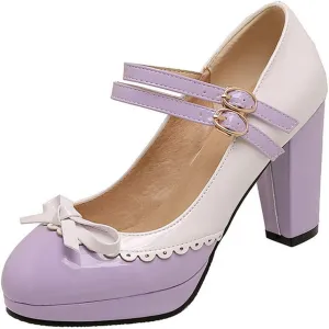 VOKLIN Women's Girls Lolita Platform Mary Jane Pumps Sweet Bow Ankle Strap Block High Heel Oxford Dress Shoes