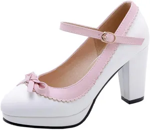 VOKLIN Women's Girls Lolita Platform Mary Jane Pumps Sweet Bow Ankle Strap Block High Heel Oxford Dress Shoes
