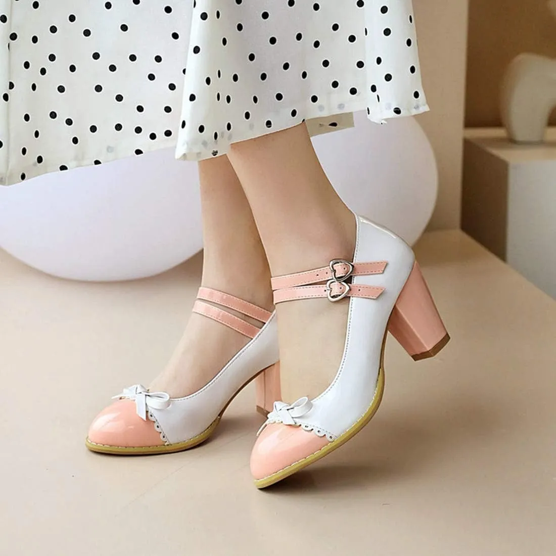 VOKLIN Women's Girls Lolita Platform Mary Jane Pumps Sweet Bow Ankle Strap Block High Heel Oxford Dress Shoes
