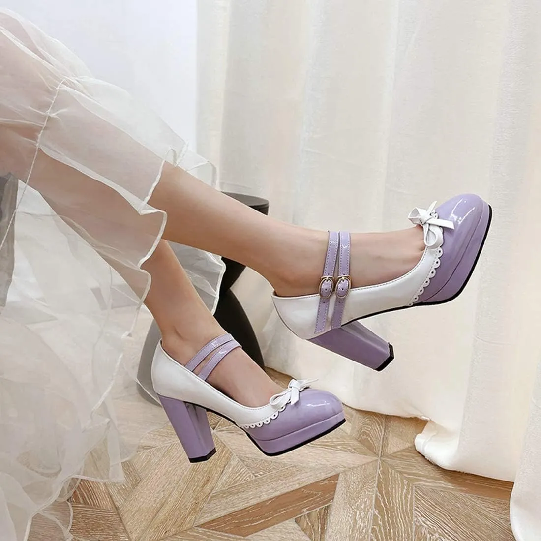 VOKLIN Women's Girls Lolita Platform Mary Jane Pumps Sweet Bow Ankle Strap Block High Heel Oxford Dress Shoes