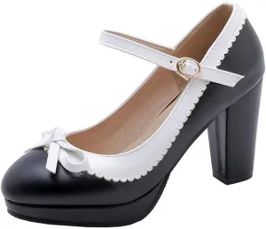 VOKLIN Women's Girls Lolita Platform Mary Jane Pumps Sweet Bow Ankle Strap Block High Heel Oxford Dress Shoes