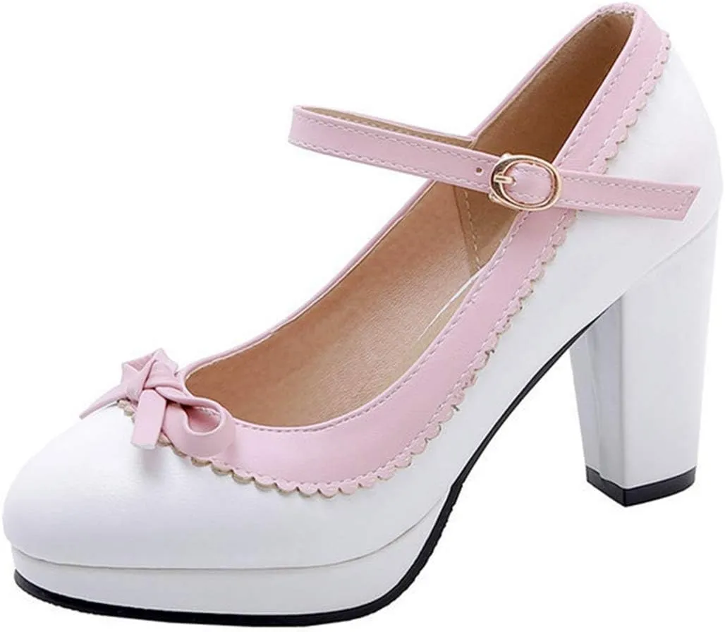 VOKLIN Women's Girls Lolita Platform Mary Jane Pumps Sweet Bow Ankle Strap Block High Heel Oxford Dress Shoes