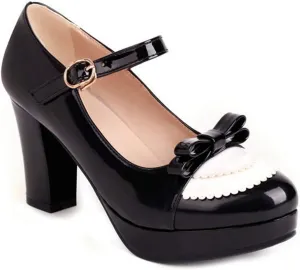 VOKLIN Women's Girls Lolita Platform Mary Jane Pumps Sweet Bow Ankle Strap Block High Heel Oxford Dress Shoes