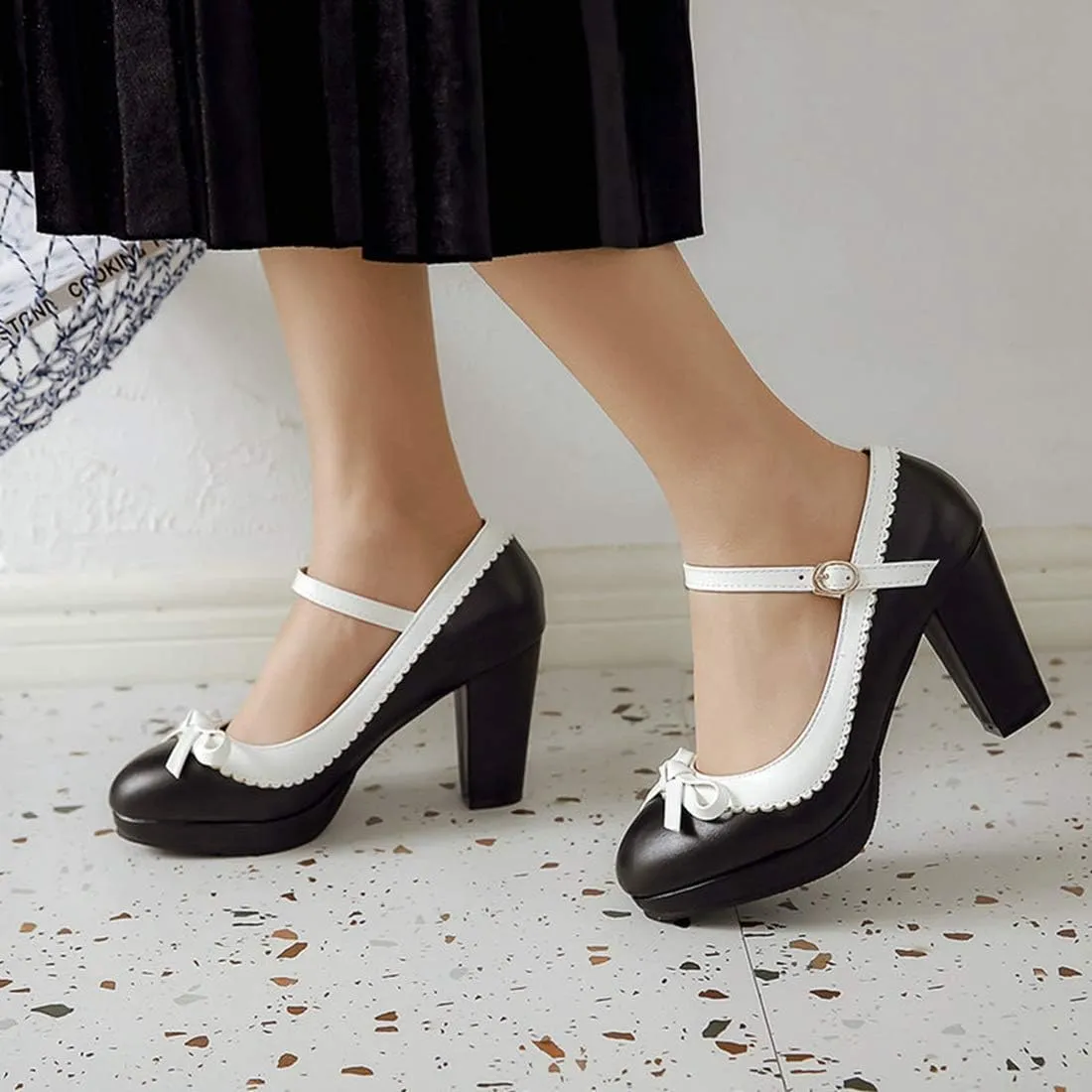 VOKLIN Women's Girls Lolita Platform Mary Jane Pumps Sweet Bow Ankle Strap Block High Heel Oxford Dress Shoes