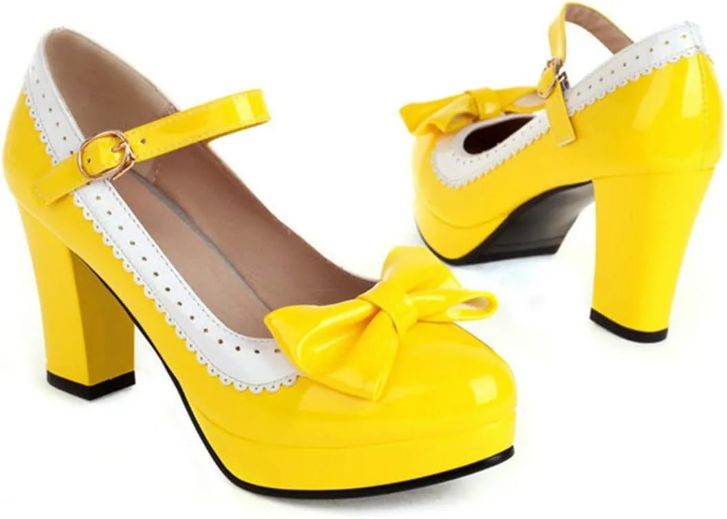 VOKLIN Women's Girls Lolita Platform Mary Jane Pumps Sweet Bow Ankle Strap Block High Heel Oxford Dress Shoes