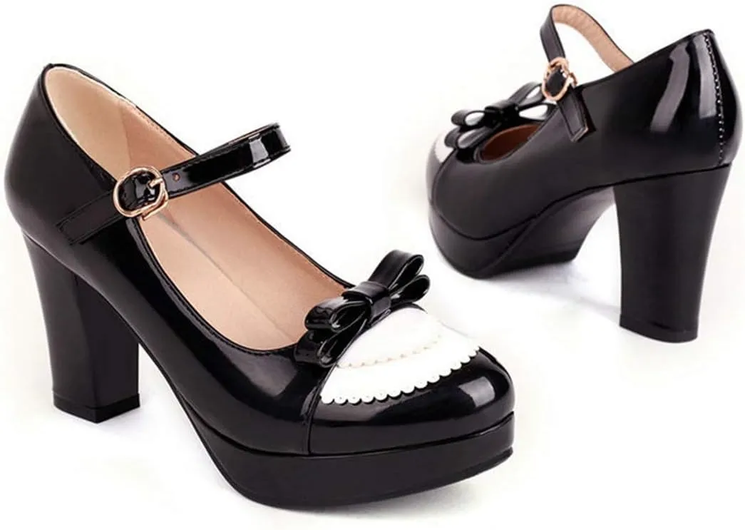 VOKLIN Women's Girls Lolita Platform Mary Jane Pumps Sweet Bow Ankle Strap Block High Heel Oxford Dress Shoes