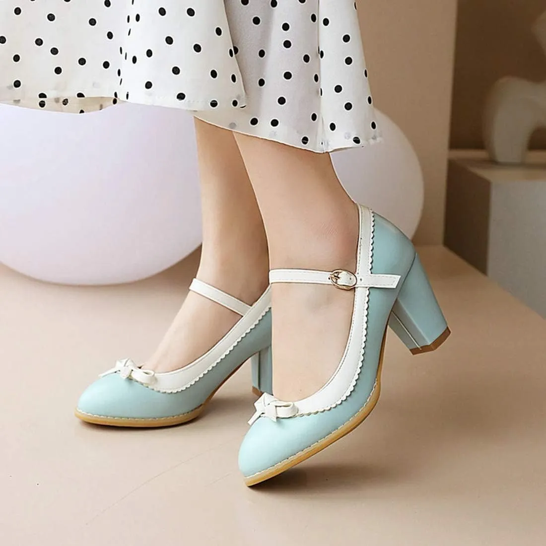 VOKLIN Women's Girls Lolita Sweet Bow Mary Jane Pumps Ankle Strap Platform Block High Heel Oxford Dress Shoes