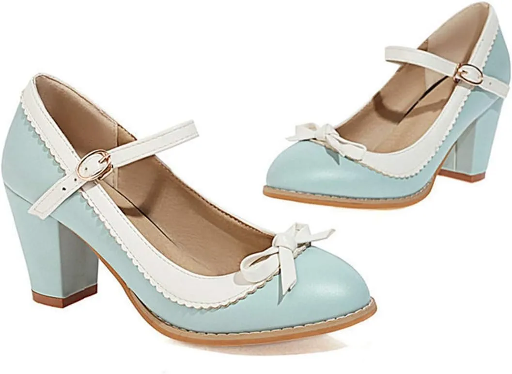 VOKLIN Women's Girls Lolita Sweet Bow Mary Jane Pumps Ankle Strap Platform Block High Heel Oxford Dress Shoes