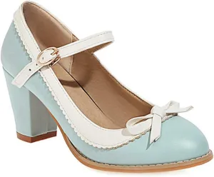 VOKLIN Women's Girls Lolita Sweet Bow Mary Jane Pumps Ankle Strap Platform Block High Heel Oxford Dress Shoes