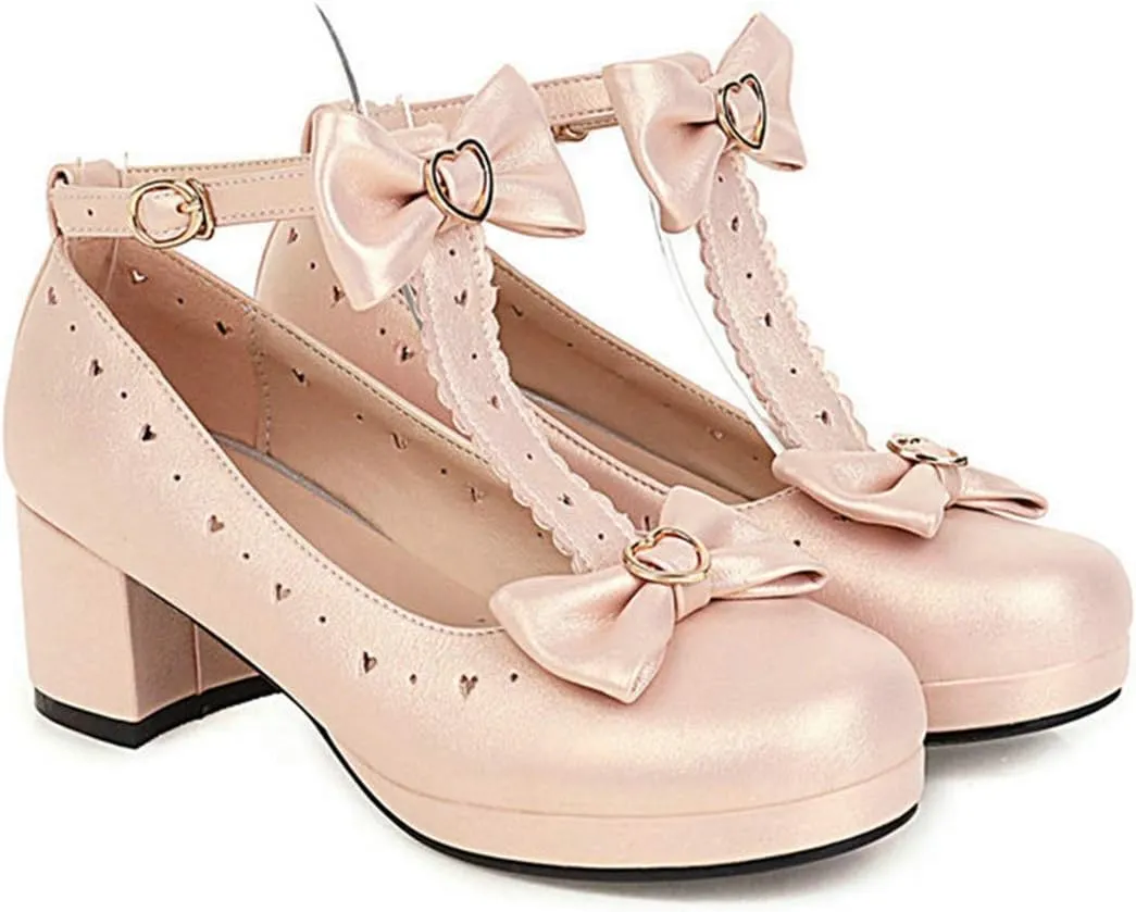 VOKLIN Women's Girls Lolita T-Strap Mary Janes Pumps Sweet Bow Block Low Heels Princess Oxford Dress Shoes