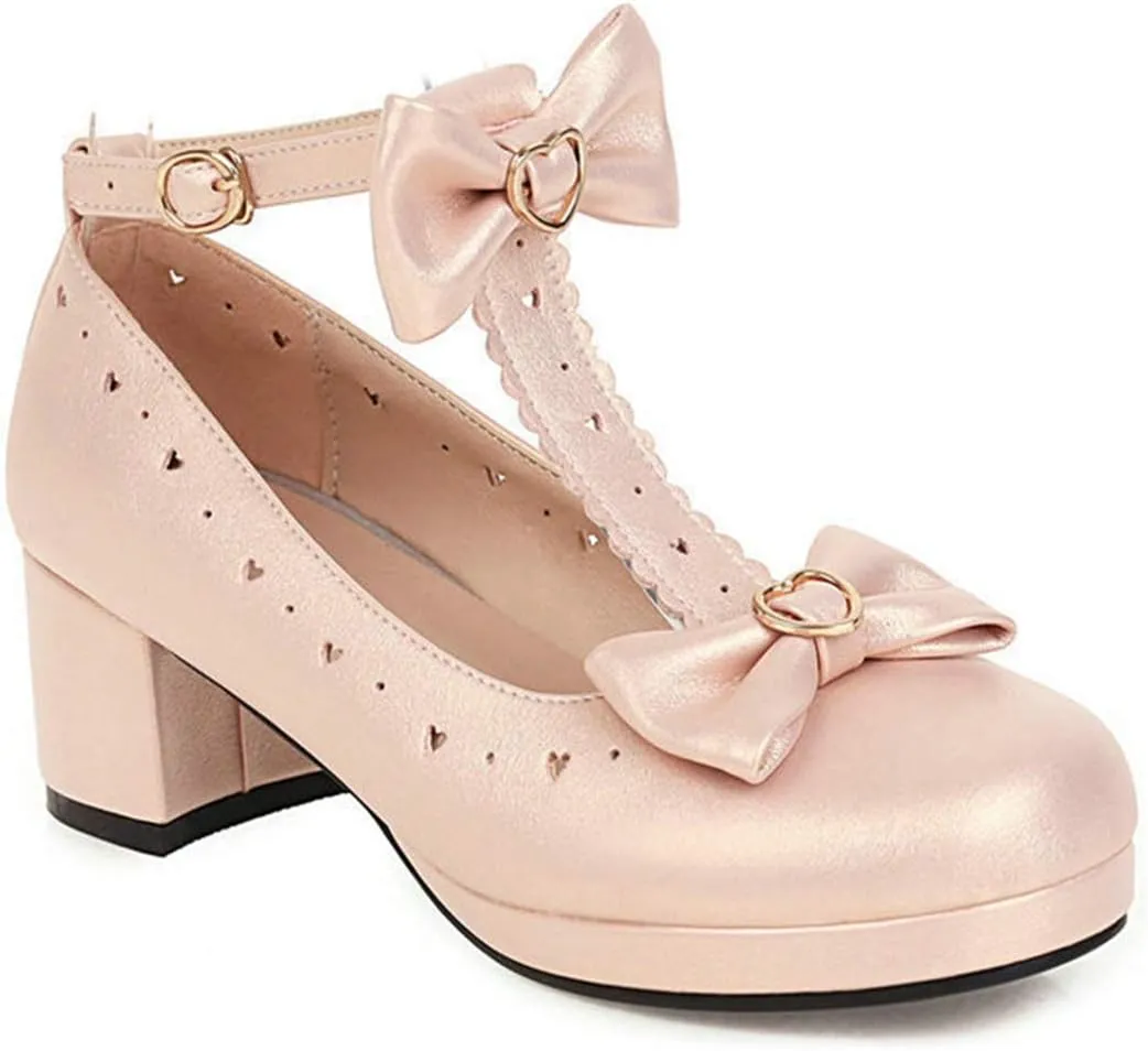 VOKLIN Women's Girls Lolita T-Strap Mary Janes Pumps Sweet Bow Block Low Heels Princess Oxford Dress Shoes