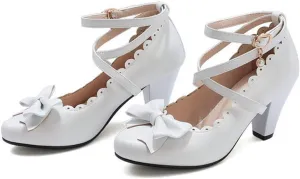 VOKLIN Women's Girls Mary Jane Pumps Sweet Bow Cross Ankle Strap Block High Heels Princess Oxford Dress Shoes