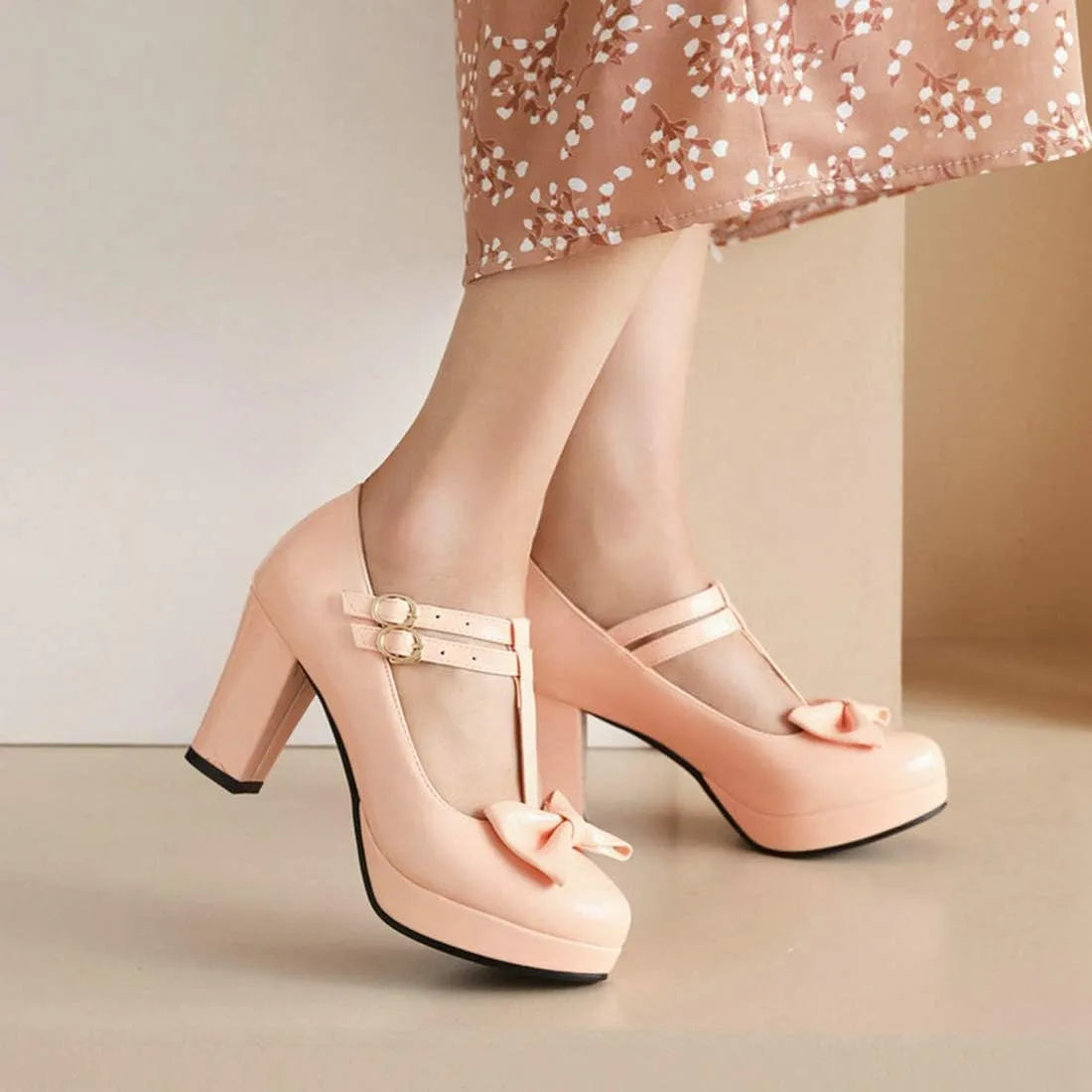 VOKLIN Women's Girls Platform T-Strap Mary Jane Pumps with Bow Ankle Strap Block High Heel Oxford Dress Shoes