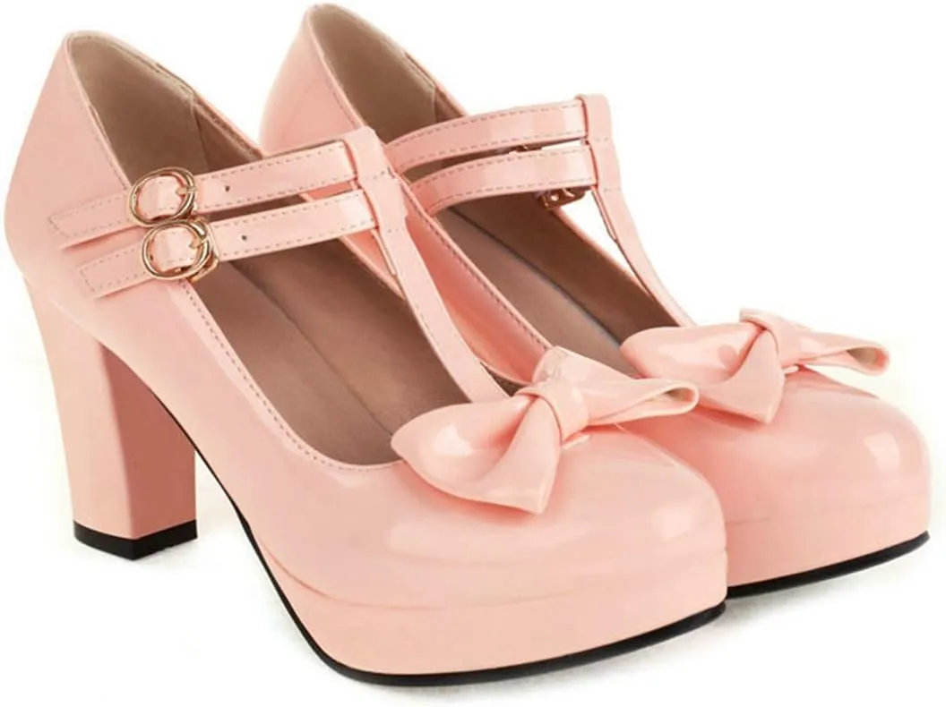 VOKLIN Women's Girls Platform T-Strap Mary Jane Pumps with Bow Ankle Strap Block High Heel Oxford Dress Shoes