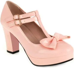 VOKLIN Women's Girls Platform T-Strap Mary Jane Pumps with Bow Ankle Strap Block High Heel Oxford Dress Shoes