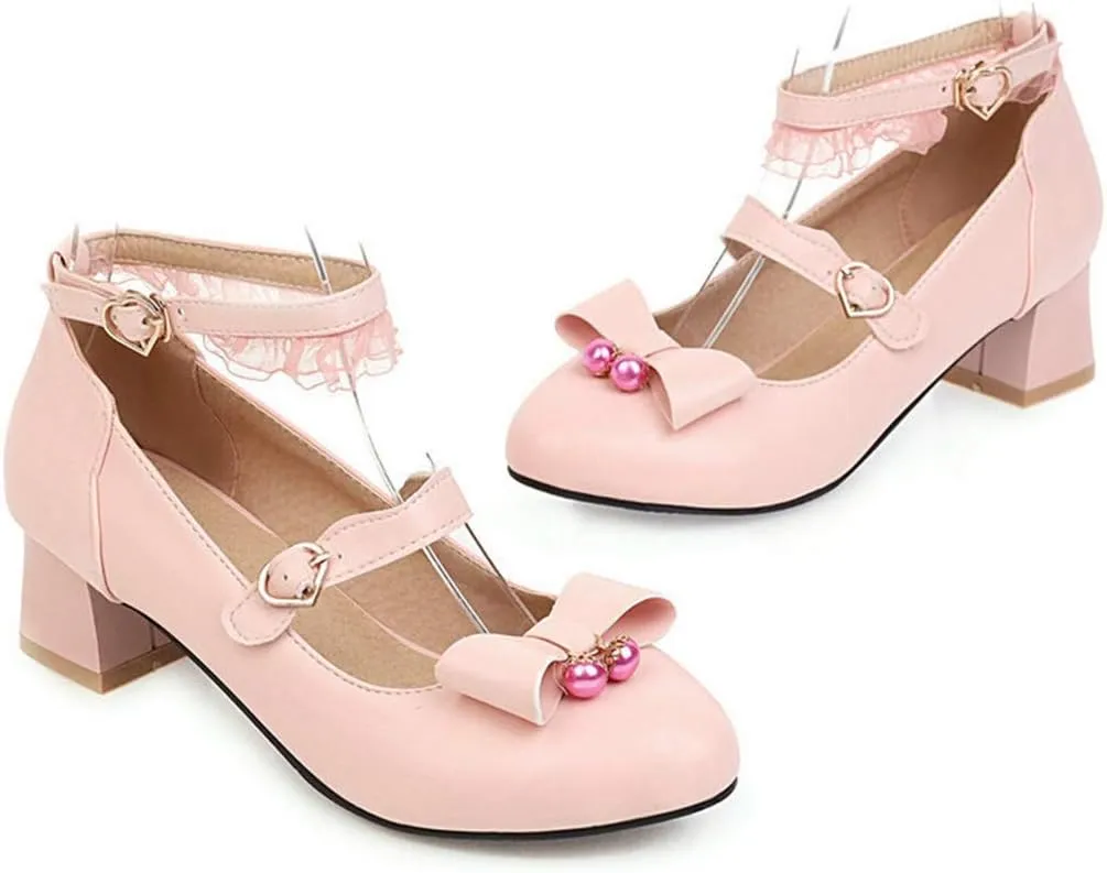 VOKLIN Women's Girls Princess Mary Jane Pumps Sweet Bow Ankle Strap Block Low Heel Lolita Oxford Dress Shoes