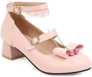 VOKLIN Women's Girls Princess Mary Jane Pumps Sweet Bow Ankle Strap Block Low Heel Lolita Oxford Dress Shoes