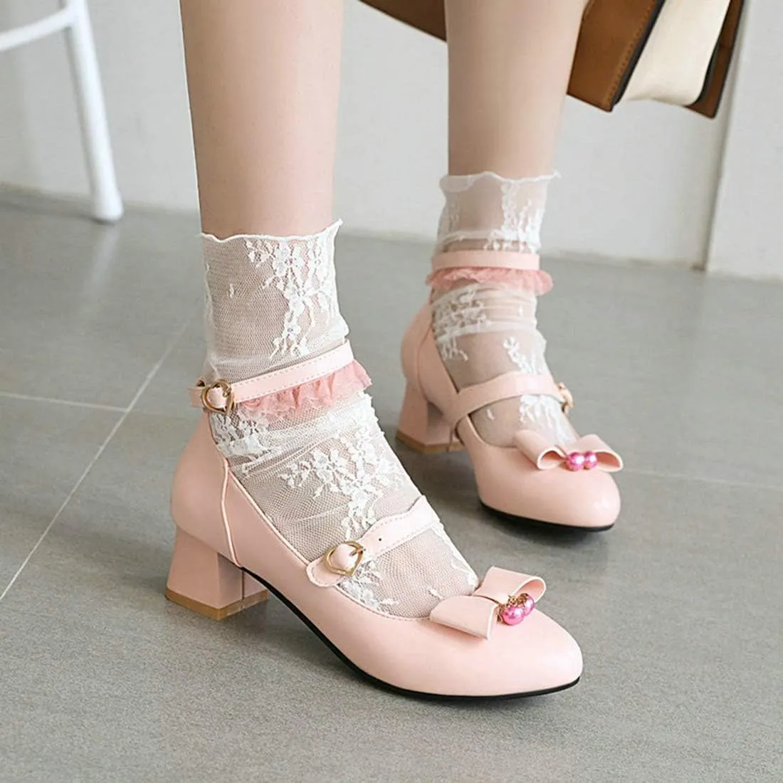 VOKLIN Women's Girls Princess Mary Jane Pumps Sweet Bow Ankle Strap Block Low Heel Lolita Oxford Dress Shoes