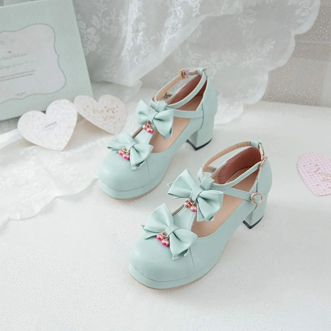 VOKLIN Women's Girls Sweet Bow Lolita Mary Janes Pumps T-Strap Platform Block Mid Heels Oxford Dress Shoes