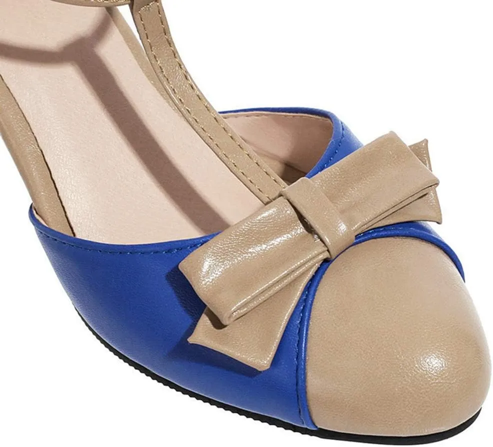 VOKLIN Women's Girls T-Strap Mary Jane Pumps with Bow Round Toe Ankle Strap Block Mid Heel Oxford Dress Shoes