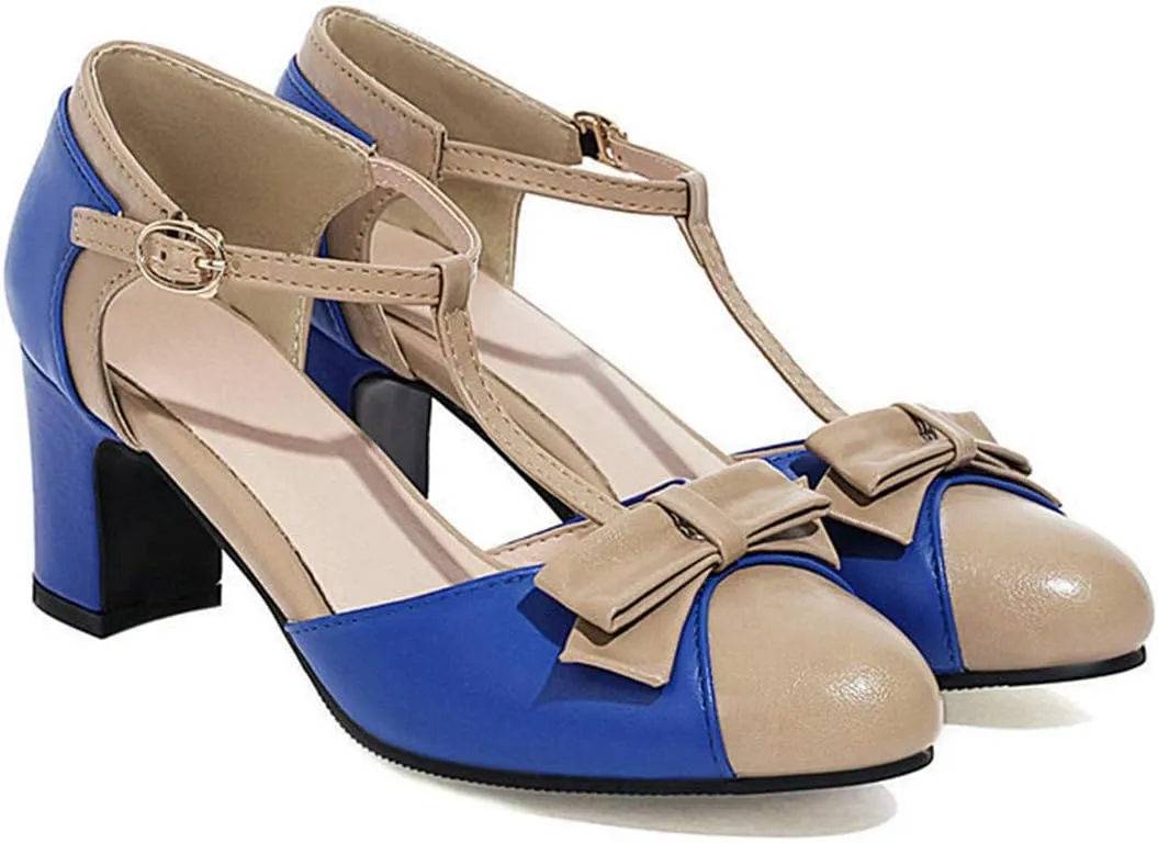 VOKLIN Women's Girls T-Strap Mary Jane Pumps with Bow Round Toe Ankle Strap Block Mid Heel Oxford Dress Shoes