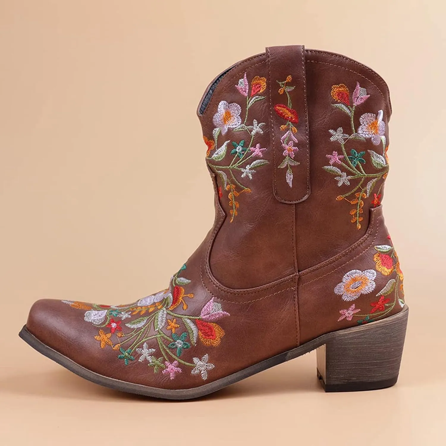 Wide Calf Cowboy Boots Cowgirl Booties for Women Embroidered Chunky Heel Pointed Toe Western Boots Pull On Boots