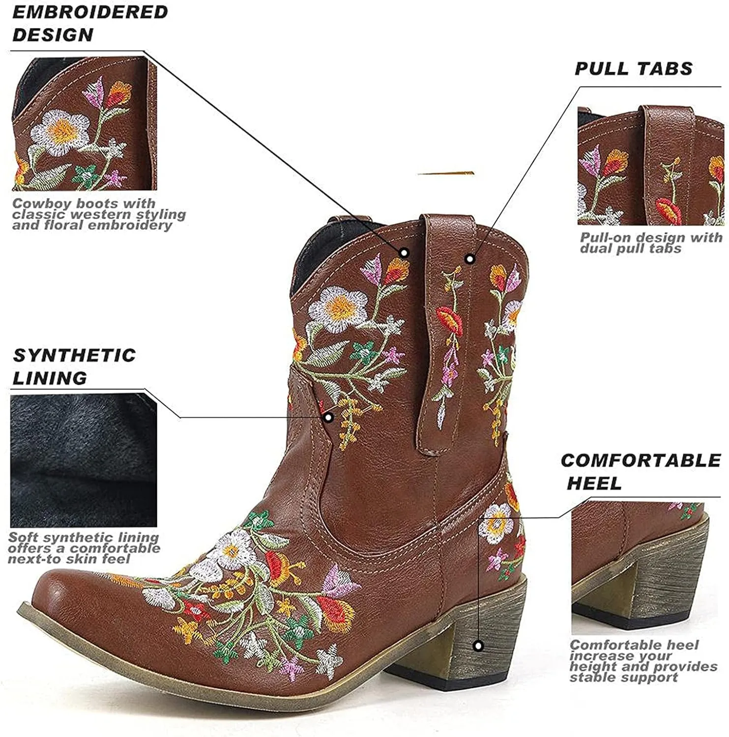 Wide Calf Cowboy Boots Cowgirl Booties for Women Embroidered Chunky Heel Pointed Toe Western Boots Pull On Boots
